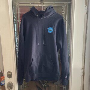 Champion Authentic Mens Navy Blue Pullover Hoodie Pockets Sz Large Splash Logo